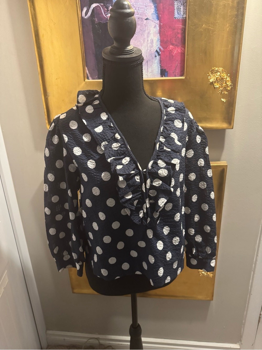 Smythe Polka Dot Ruffle V-Neck Blouse - Navy